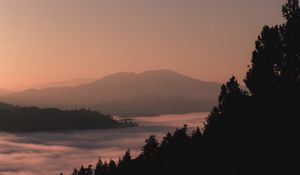 Preview wallpaper mountains, forest, fog, dusk, outlines