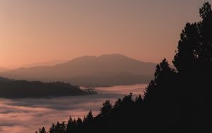 Preview wallpaper mountains, forest, fog, dusk, outlines