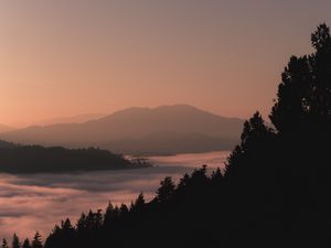 Preview wallpaper mountains, forest, fog, dusk, outlines