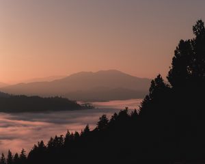 Preview wallpaper mountains, forest, fog, dusk, outlines