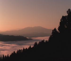 Preview wallpaper mountains, forest, fog, dusk, outlines