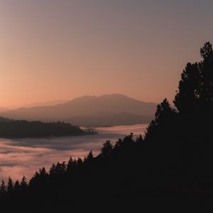 Preview wallpaper mountains, forest, fog, dusk, outlines