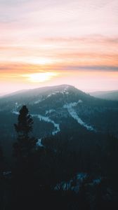 Preview wallpaper mountains, forest, fog, sunset, dusk, landscape