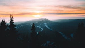 Preview wallpaper mountains, forest, fog, sunset, dusk, landscape