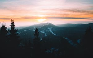 Preview wallpaper mountains, forest, fog, sunset, dusk, landscape