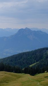 Preview wallpaper mountains, forest, fog, landscape, aerial view