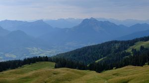 Preview wallpaper mountains, forest, fog, landscape, aerial view