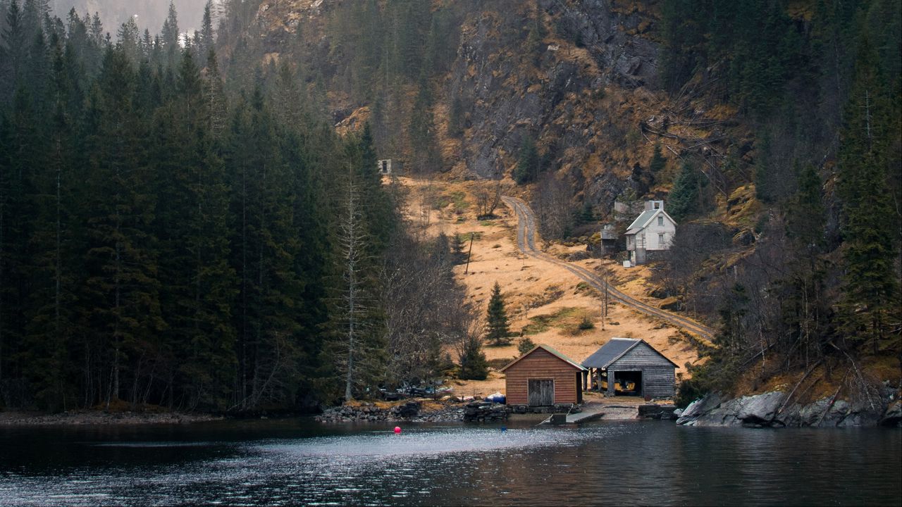 Wallpaper mountains, forest, houses, lake