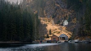 Preview wallpaper mountains, forest, houses, lake