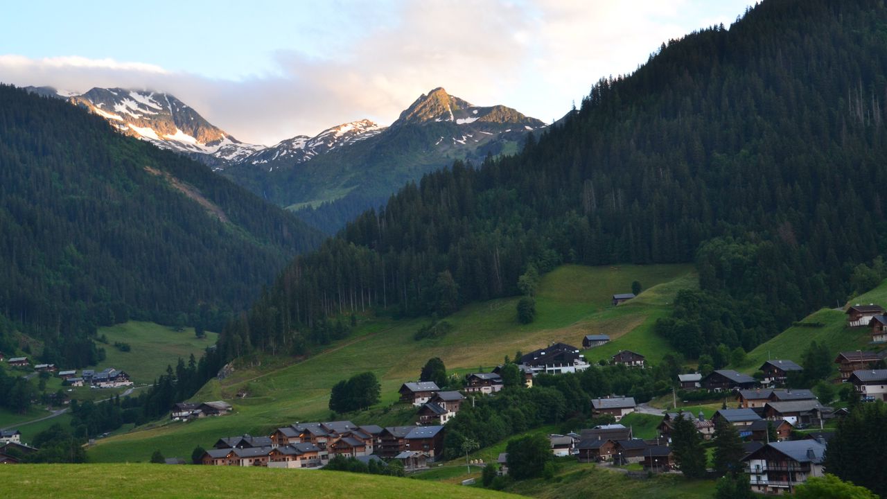 Wallpaper mountains, forest, houses, village, landscape