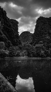 Preview wallpaper mountains, forest, lake, clouds, black and white, nature