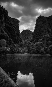 Preview wallpaper mountains, forest, lake, clouds, black and white, nature