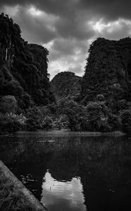 Preview wallpaper mountains, forest, lake, clouds, black and white, nature