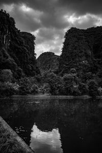 Preview wallpaper mountains, forest, lake, clouds, black and white, nature