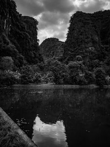 Preview wallpaper mountains, forest, lake, clouds, black and white, nature