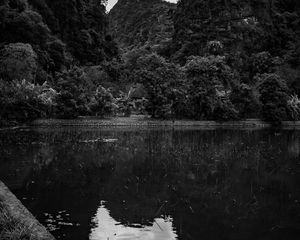 Preview wallpaper mountains, forest, lake, clouds, black and white, nature