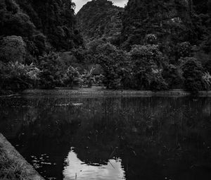 Preview wallpaper mountains, forest, lake, clouds, black and white, nature