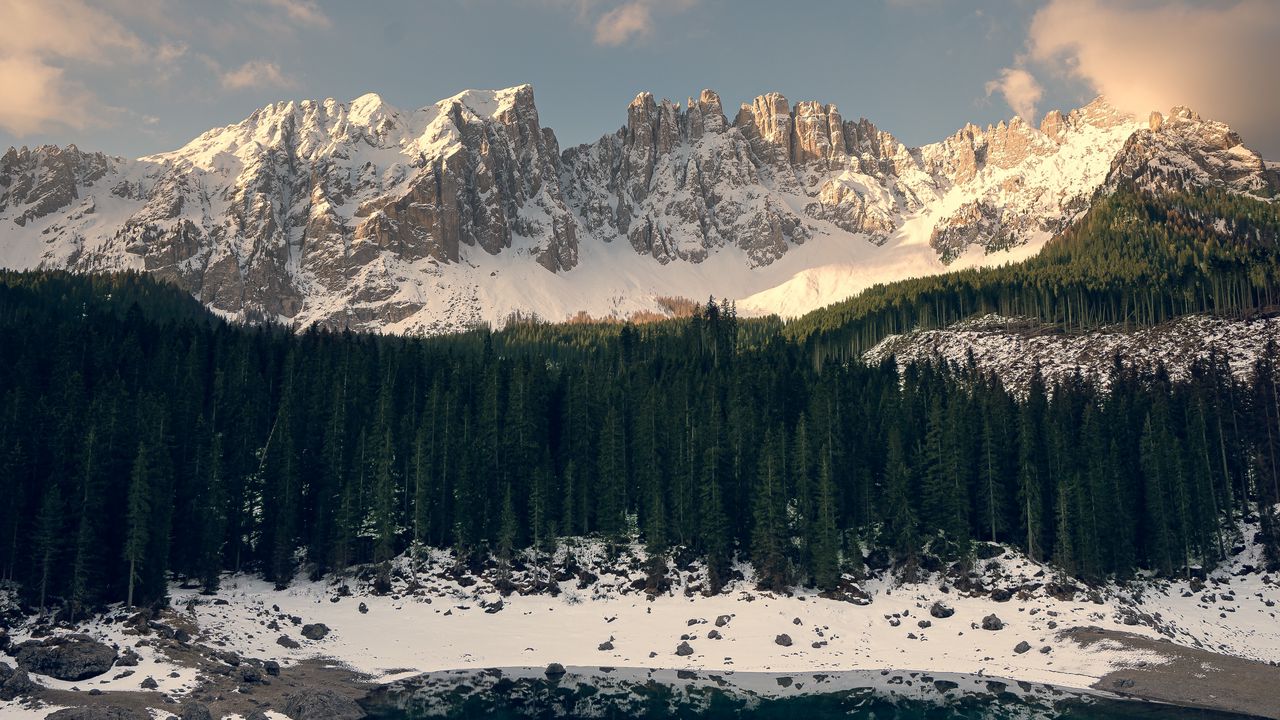 Wallpaper mountains, forest, lake, snow, shore