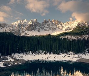 Preview wallpaper mountains, forest, lake, snow, shore