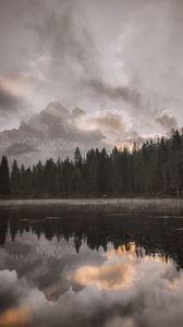 Preview wallpaper mountains, forest, landscape, lake, shore, clouds