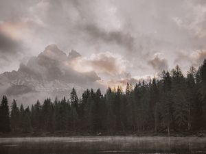 Preview wallpaper mountains, forest, landscape, lake, shore, clouds