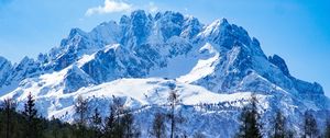 Preview wallpaper mountains, forest, landscape, top, snow, trees