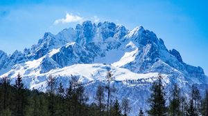 Preview wallpaper mountains, forest, landscape, top, snow, trees