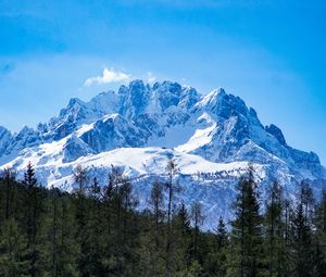 Preview wallpaper mountains, forest, landscape, top, snow, trees