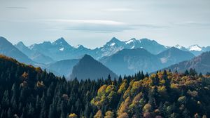 Preview wallpaper mountains, forest, peaks, fog, landscape