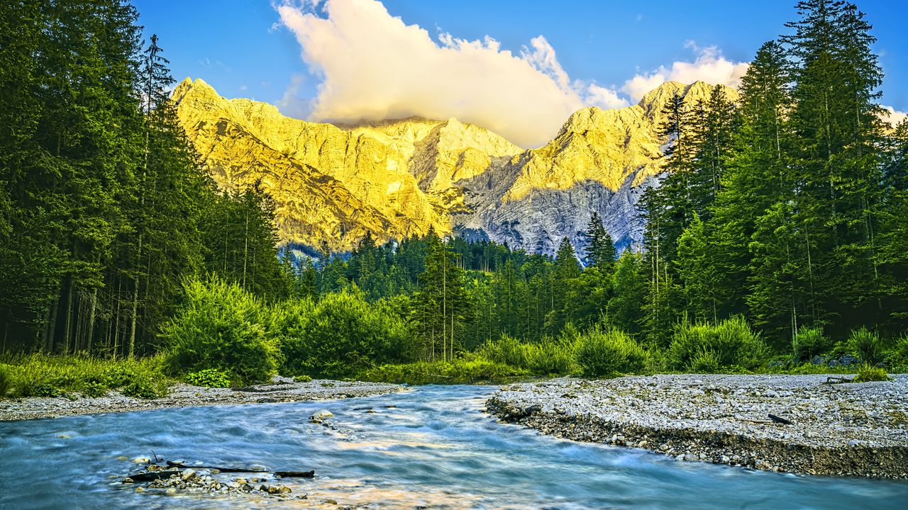 Wallpaper mountains, forest, river, nature, clouds