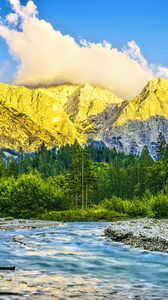 Preview wallpaper mountains, forest, river, nature, clouds