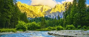 Preview wallpaper mountains, forest, river, nature, clouds