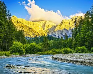 Preview wallpaper mountains, forest, river, nature, clouds