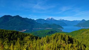 Preview wallpaper mountains, forest, river, aerial view, landscape