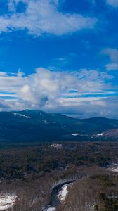 Preview wallpaper mountains, forest, river, trees, snow, clouds