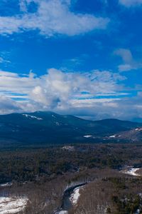 Preview wallpaper mountains, forest, river, trees, snow, clouds