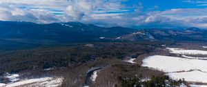 Preview wallpaper mountains, forest, river, trees, snow, clouds