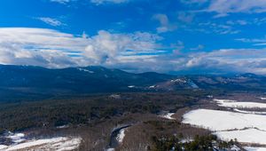 Preview wallpaper mountains, forest, river, trees, snow, clouds