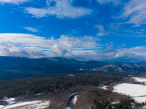 Preview wallpaper mountains, forest, river, trees, snow, clouds