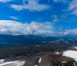 Preview wallpaper mountains, forest, river, trees, snow, clouds