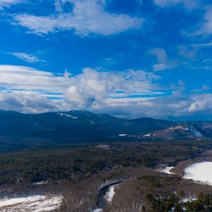Preview wallpaper mountains, forest, river, trees, snow, clouds