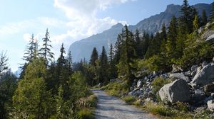 Preview wallpaper mountains, forest, road, trees, landscape