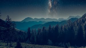 Preview wallpaper mountains, forest, starry sky, landscape, night