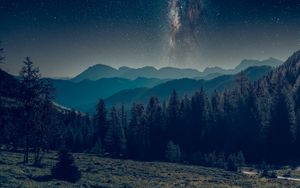 Preview wallpaper mountains, forest, starry sky, landscape, night