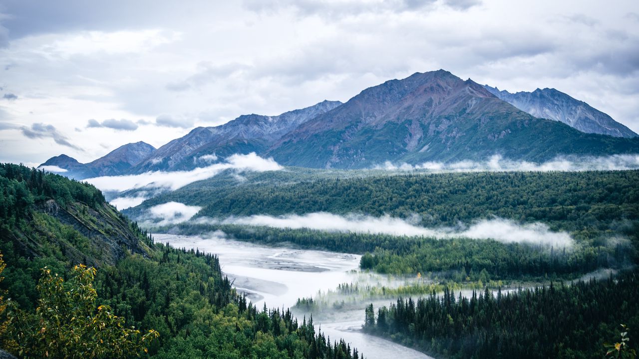 Wallpaper mountains, forest, trees, clouds, river, landscape