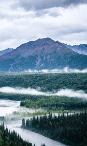 Preview wallpaper mountains, forest, trees, clouds, river, landscape