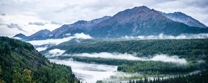 Preview wallpaper mountains, forest, trees, clouds, river, landscape