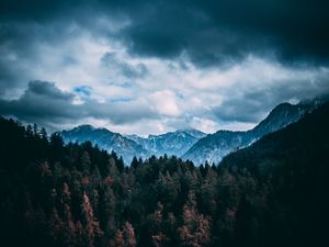 Preview wallpaper mountains, forest, trees, clouds