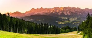 Preview wallpaper mountains, forest, trees, meadow, nature