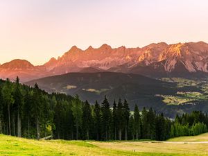 Preview wallpaper mountains, forest, trees, meadow, nature